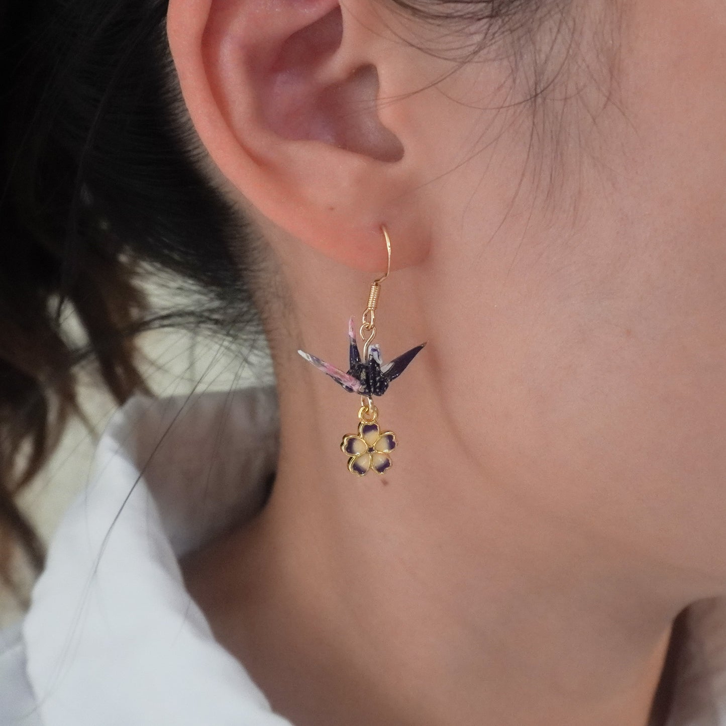 [LUCK] Small Crane and Cherry Blossom Earrings