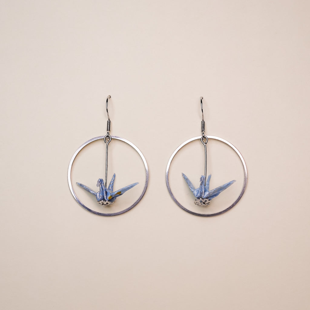 Origami crane earrings silver hoop handmade