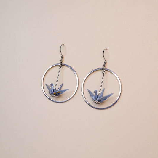 Origami crane earrings silver hoop handmade