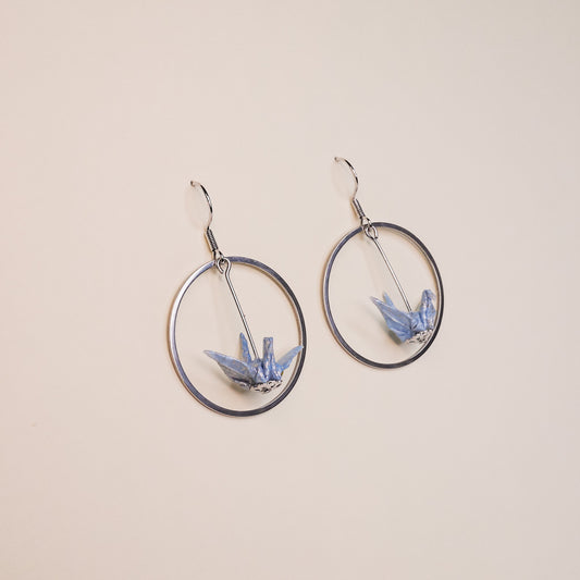 Origami crane earrings silver hoop handmade