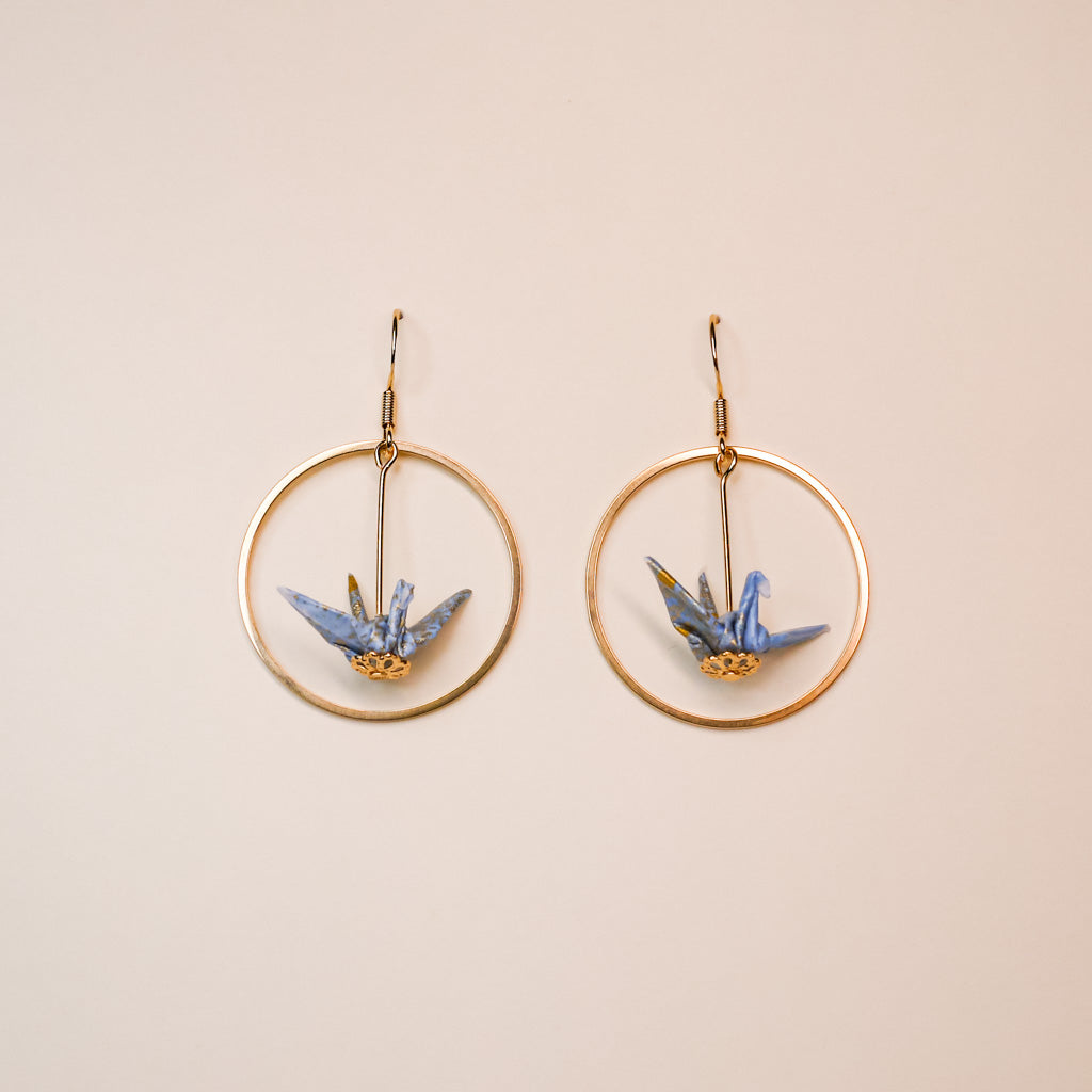 blue Origami crane earrings gold hoop handmade