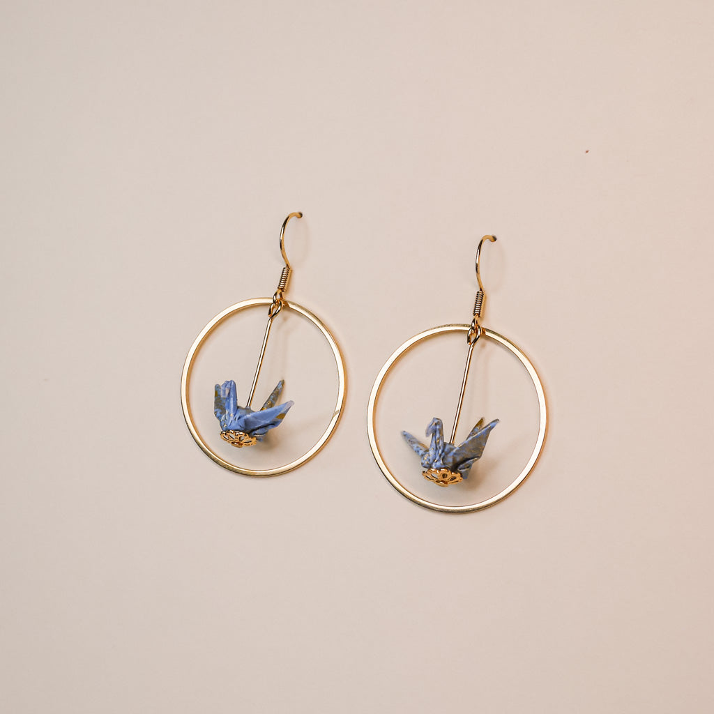 blue Origami crane earrings gold hoop handmade