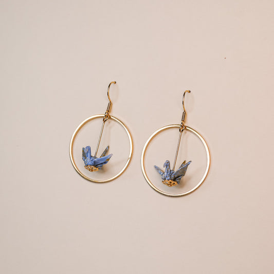 blue Origami crane earrings gold hoop handmade