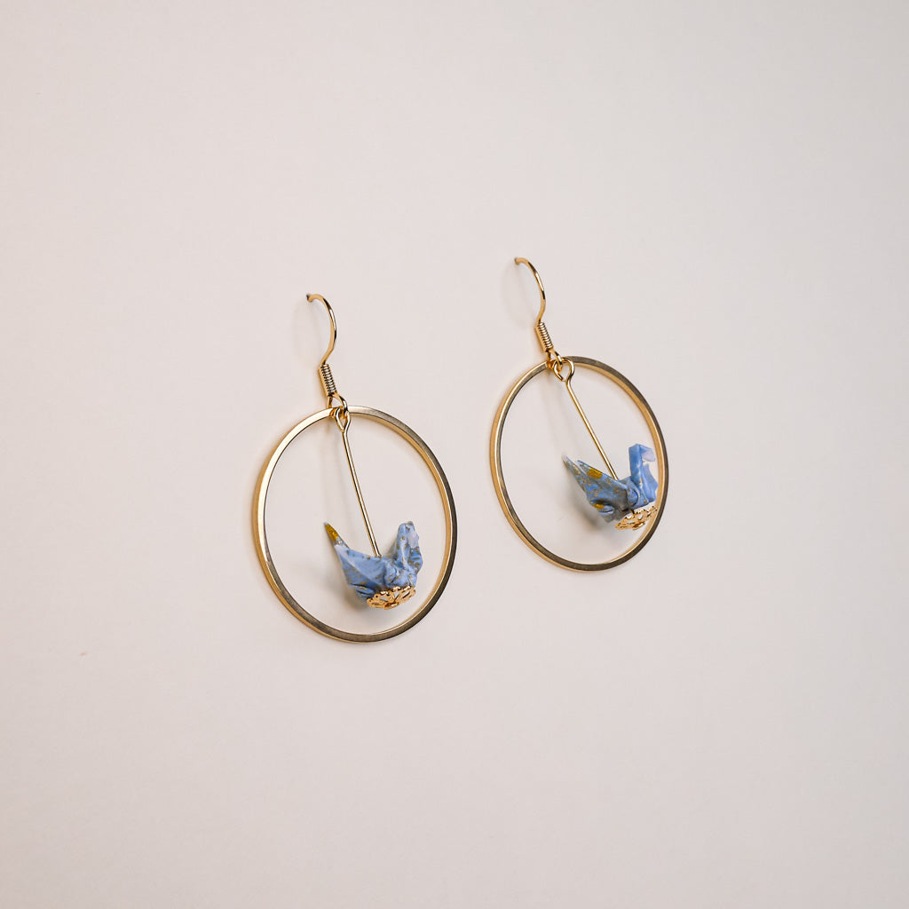 blue Origami crane earrings gold hoop handmade