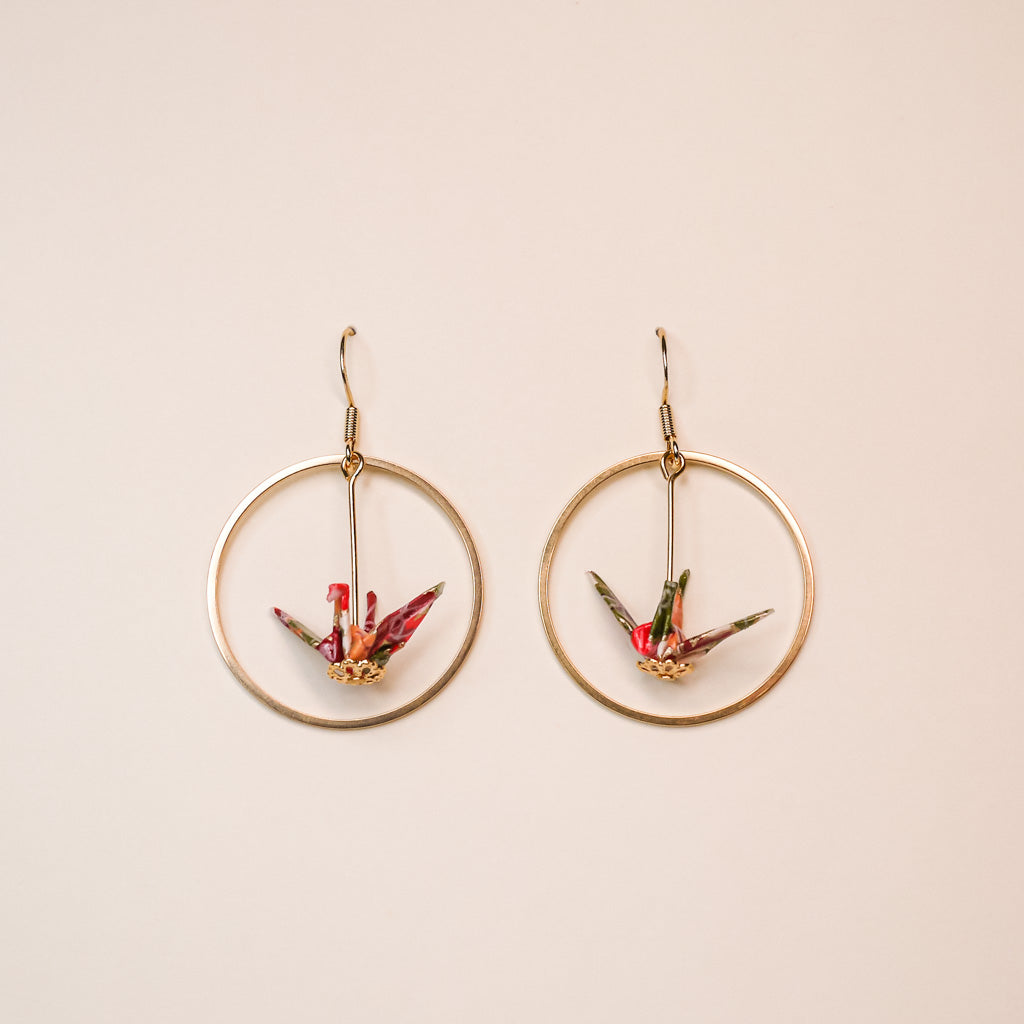 orange Origami crane earrings gold hoop handmade