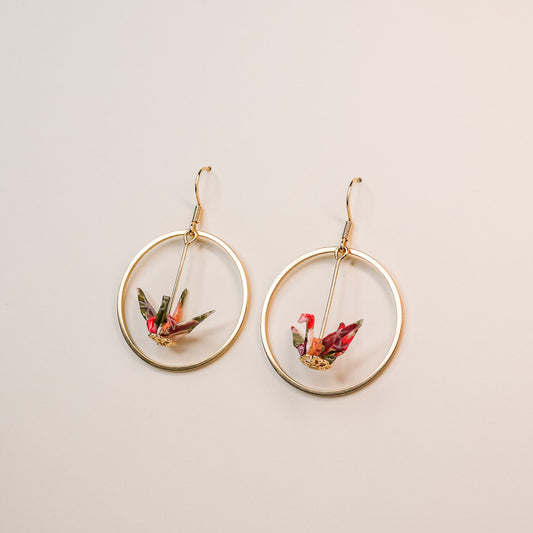 Small Crane and Hoop Earrings in Gold