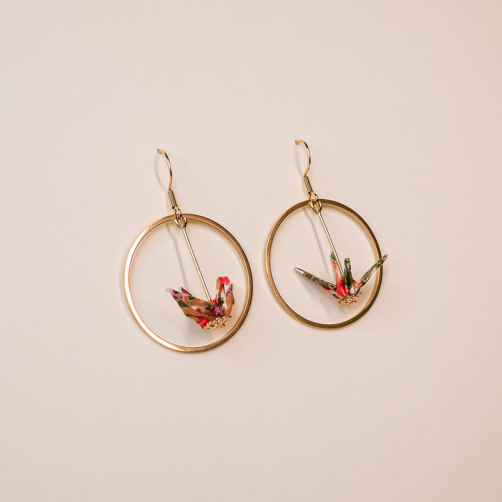 Origami crane earrings gold hoop handmade