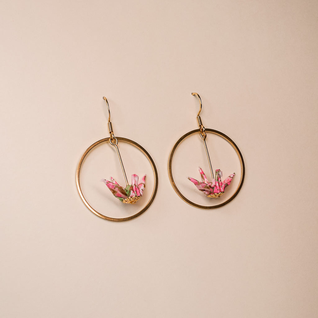 pink Origami crane earrings gold hoop handmade