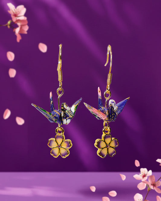 [LUCK] Small Crane and Cherry Blossom Earrings