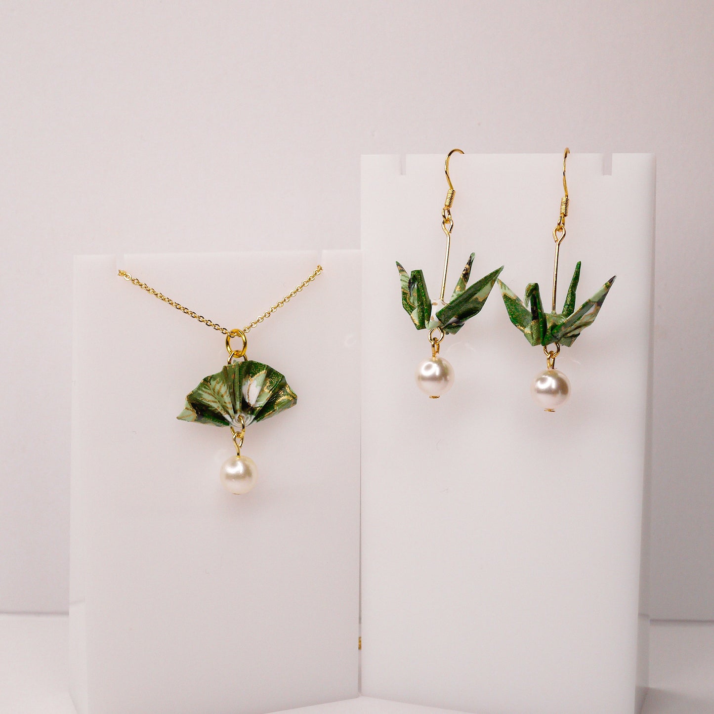 Cherry & Plum Tree on Green Set IV - Pearl Jewelry